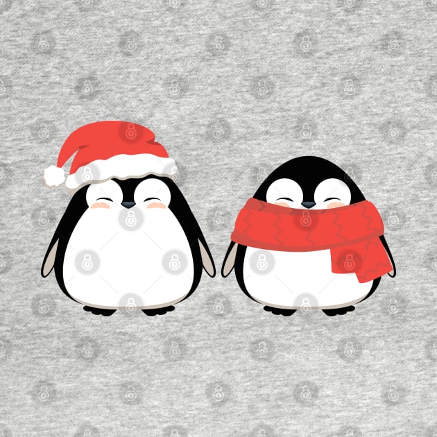 Couple of cute penguins, friends in winter Christmas red hat and scarf. by CraftCloud